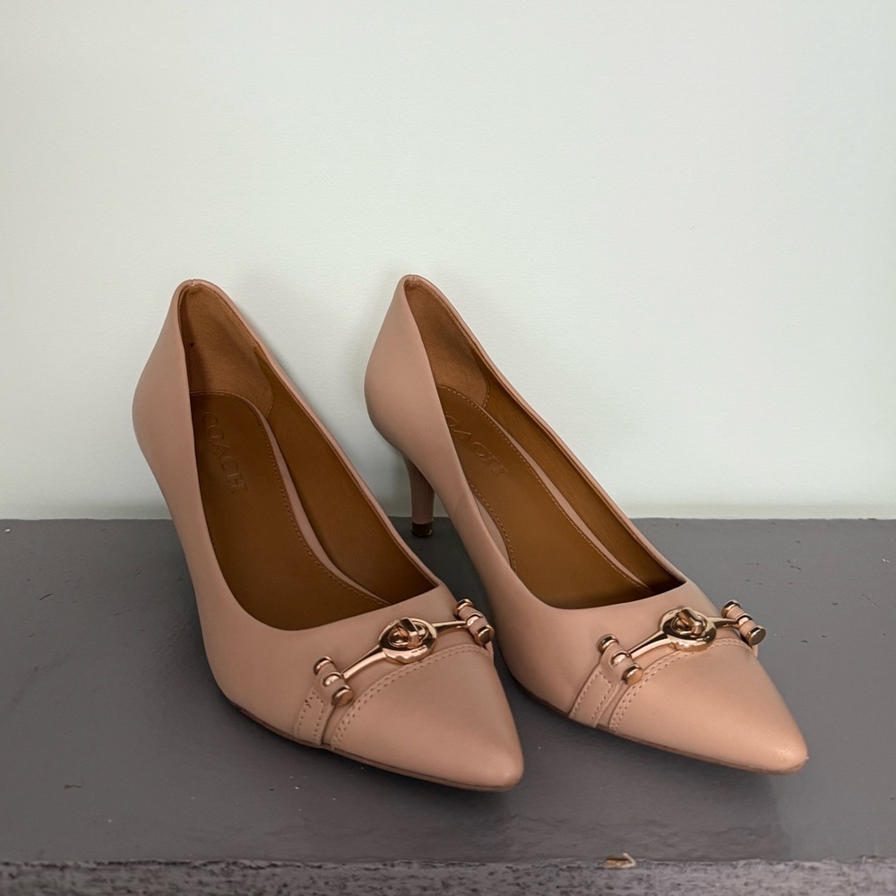Coach Leather Light Nude Pumps with Gold Accents